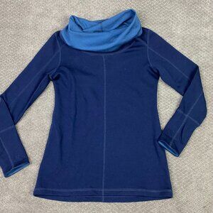 Ibex Merino Wool Sweater Women's Small Blue Reversible Cowl Neck Funnel Dyad